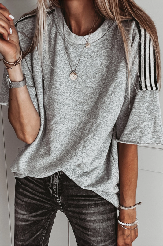 Striped Patchwork Detail Raw Edge Oversize Tee